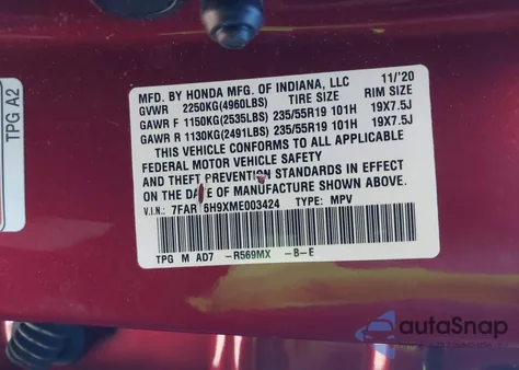 2021 Honda Cr-V Hybrid Touring из США, поврежденный, VIN 7FART6H9XME003424